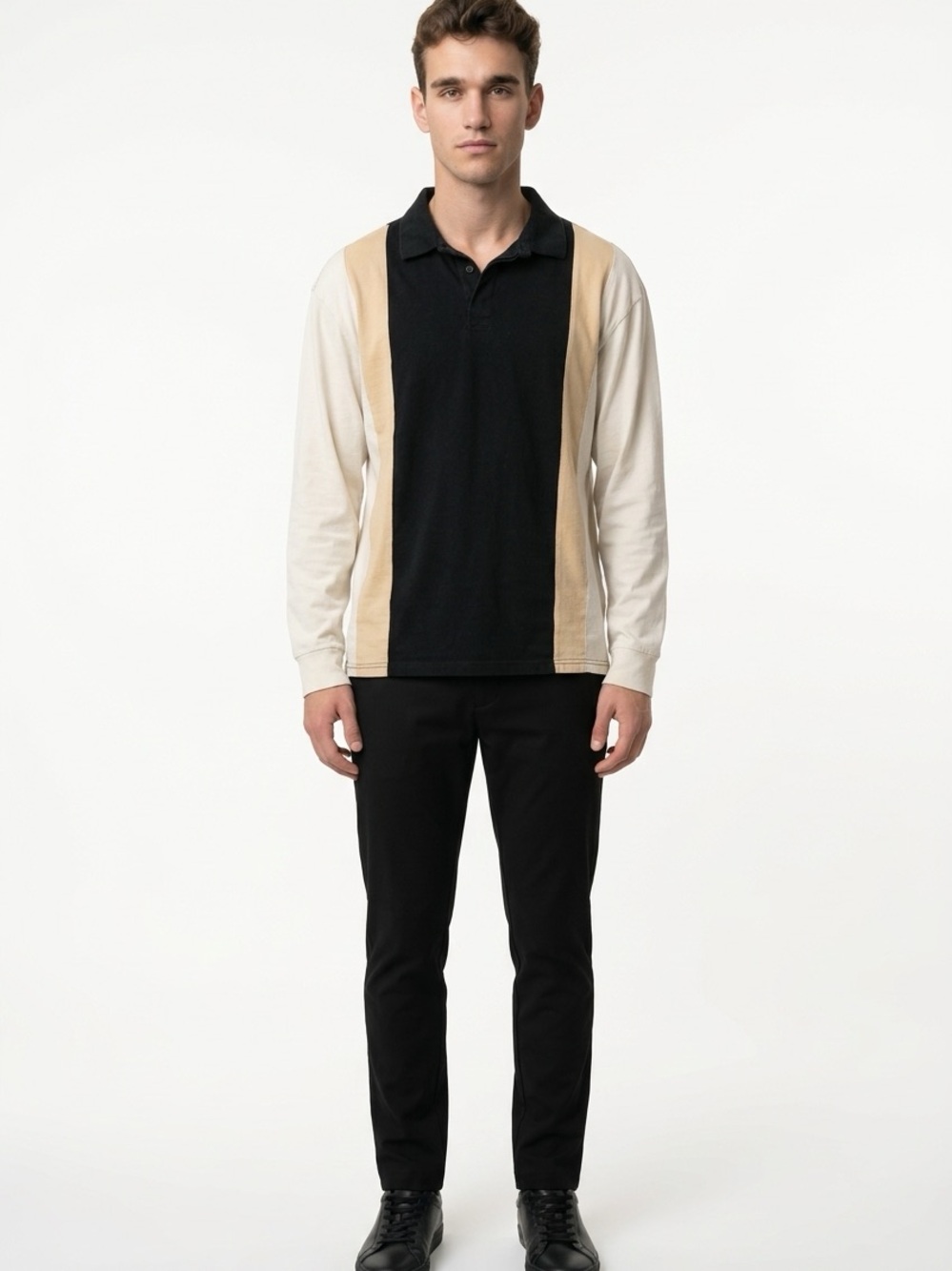 Pacsun Men's M Long-Sleeve Black & Beige Colorblock Preppy Pullover Polo Shirt